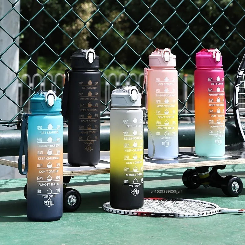 1pc Gradient Sports Water Bottle with Straw & Time Marker for Outdoor Fitness Hiking & Gym Leakproof Travel Water Bottle mbzr