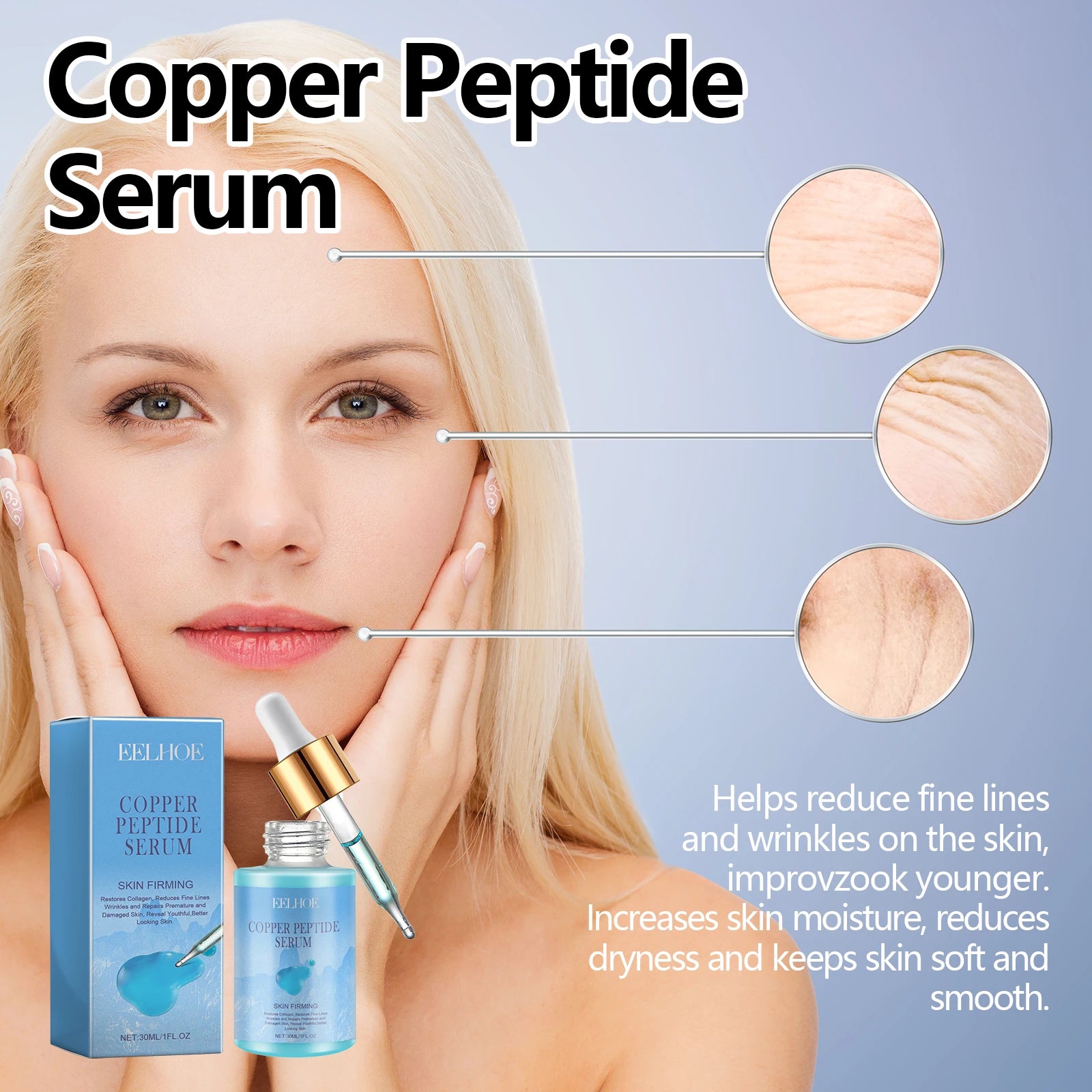 EELHOE 30ml Copper Peptide Facial Serum Moisturizing Firming Face Skin Increase Elasticity Anti Wrinkle Lines Daily Facial Care mbzr