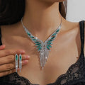 3pc Luxury Green CZ Wing Tassel Necklace Earrings Set for Women Silver Color Crystal Bridal Jewelry Set Wedding Party Prom Gift