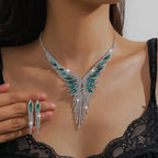 3pc Luxury Green CZ Wing Tassel Necklace Earrings Set for Women Silver Color Crystal Bridal Jewelry Set Wedding Party Prom Gift