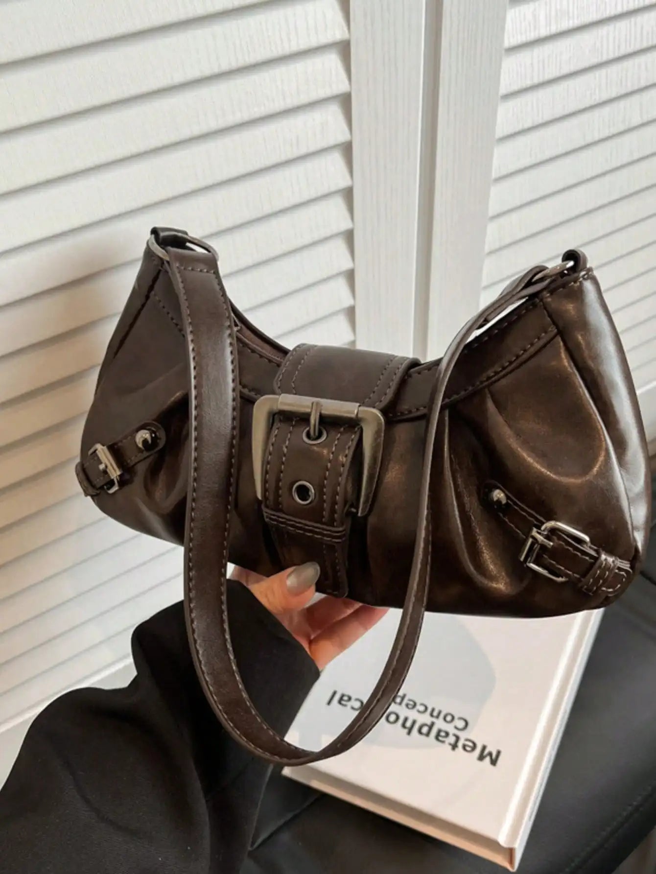 Vintage-Style Saddle Crossbody Bag with Buckle Detail, Soft Faux Leather, Adjustable Strap