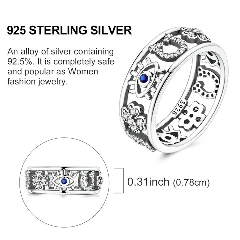 MULA Wedding Band Rings for Women Man 925 Sterling Silver Evil Eye Hand Celtic Knot Four-Leaf Clover Ring Stackable Jewelry Gift