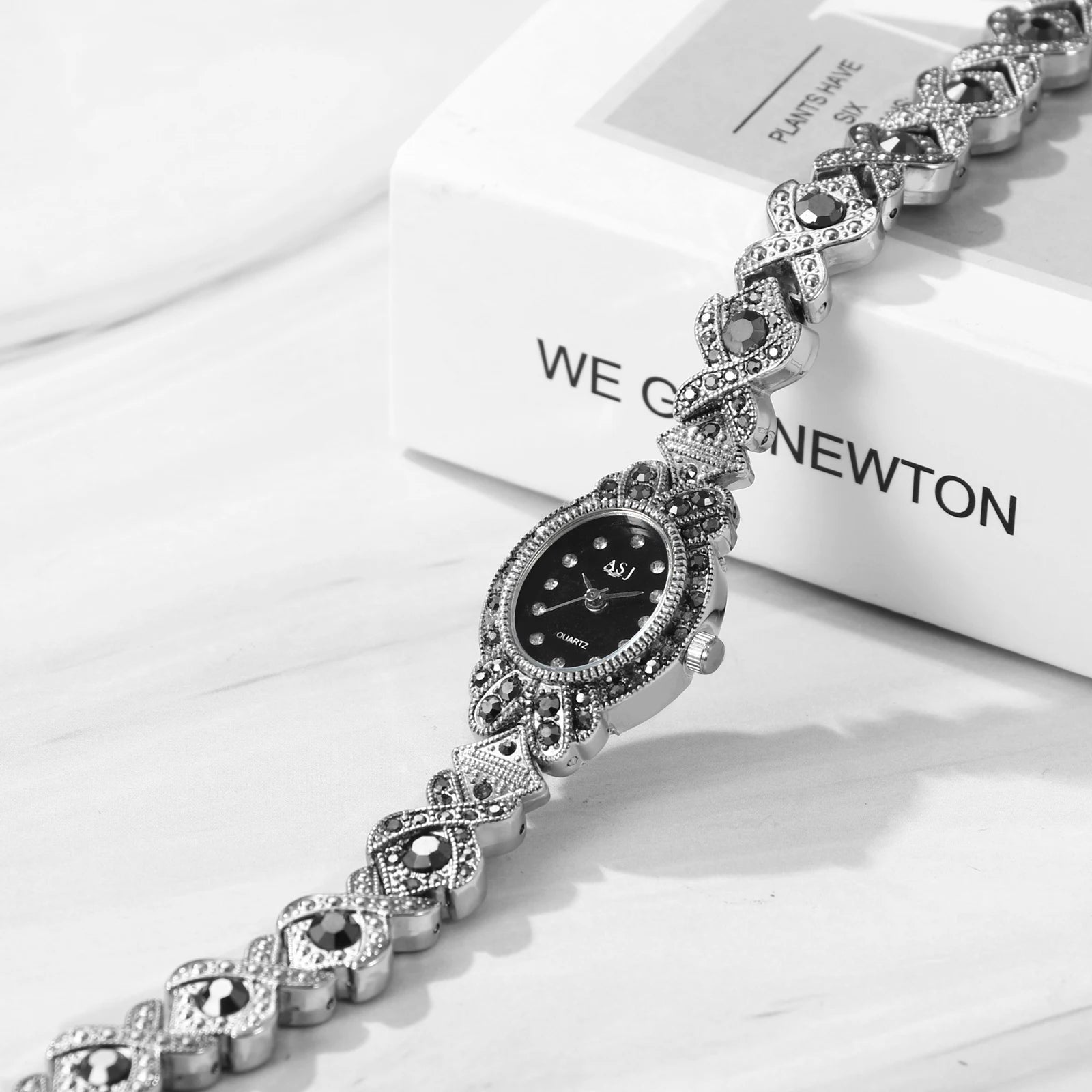 LANCARDO Women's Diamond Bracelet Watch Black Shiny Diamond Vintage Floral Dial Quartz Silver Black Women's Small Watch