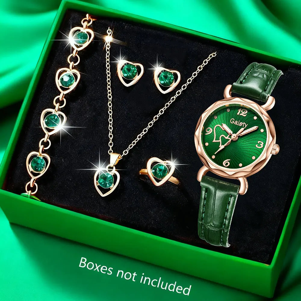 Women Fashion Watches Heart Rhinestone Ring Necklace Earring Jewelry Set Luxury Dress Quartz WristWatch Simple Elegant Watch Gif mbzr