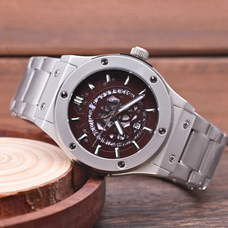 Fashion Luxury‑Style Mens Quartz Wristwatch Hollow‑Cut Dial Alloy Case Metal Strap Date Display Daily‑Waterproof Casual Sports Watch for Men