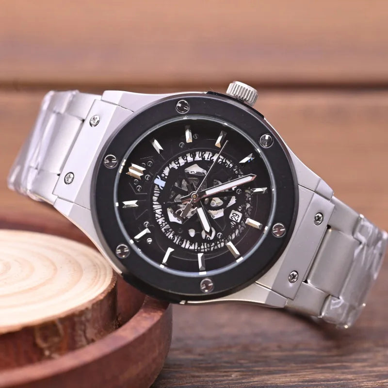 Fashion Luxury‑Style Mens Quartz Wristwatch Hollow‑Cut Dial Alloy Case Metal Strap Date Display Daily‑Waterproof Casual Sports Watch for Men