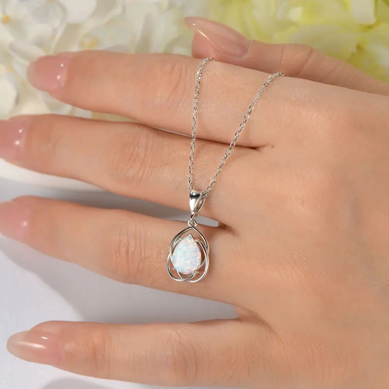 OXTAO White Opal Water Drop Necklace Bracelet Female Jewelry 925 Sterling Silver 7x10mm Pear Shape Cut Hollow Pendant Adjustable mbzr