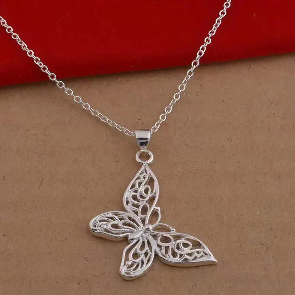 Sterling Silver Butterfly Pendant Necklace Snake Chain Women