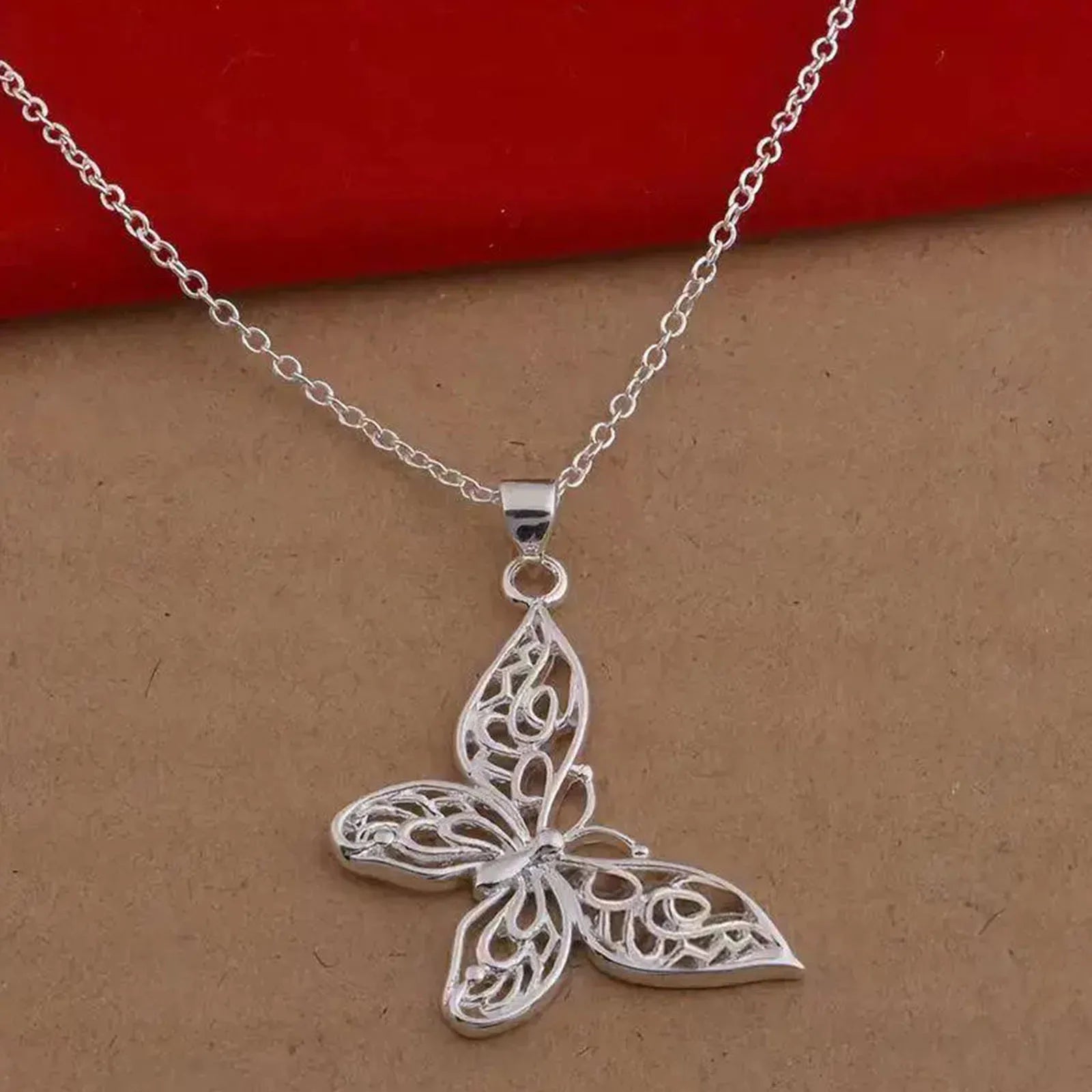 Sterling Silver Butterfly Pendant Necklace Snake Chain Women