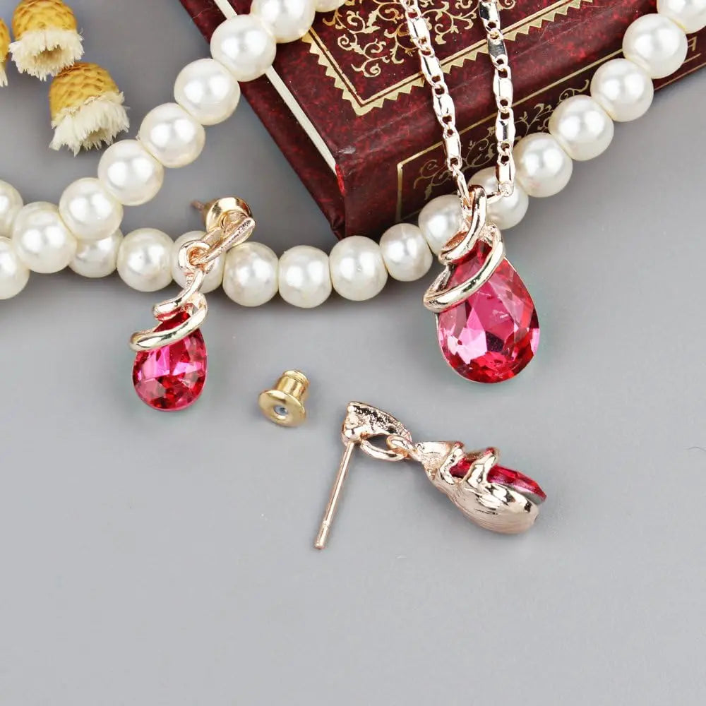 COLORFUL BLING Rose Gold Teardrop Infinity Pendant Necklace Dangle Earring Bridal Pearl Jewelry Sets