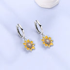 Sterling Silver Sunflower Hoop Earrings Yellow CZ Drop Women