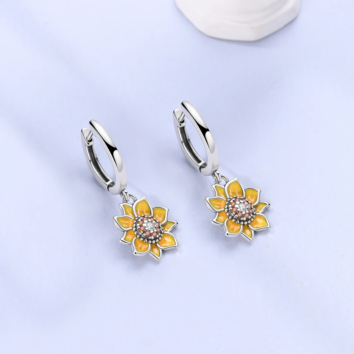 Sterling Silver Sunflower Hoop Earrings Yellow CZ Drop Women