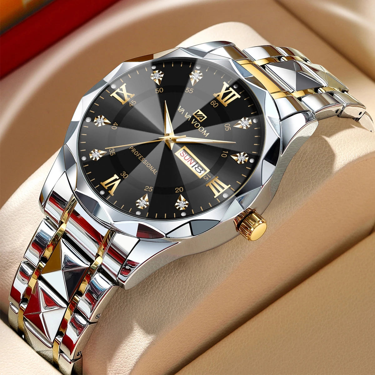 VA VA Voom Top Brand Quartz Men Two-Color Stainless Steel Luxury Rhinestone 41mm Black Dial 3Bar Waterproof Sports Watch for Men