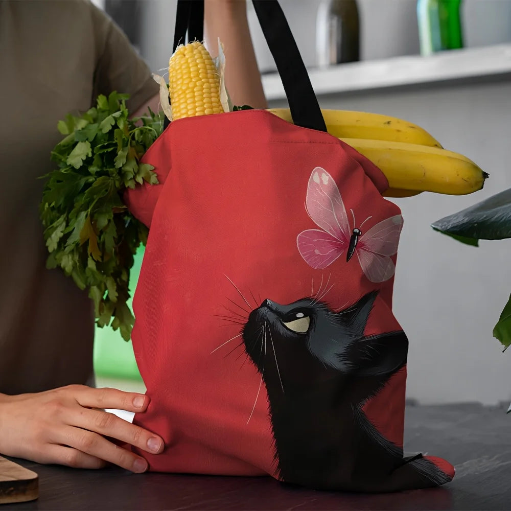 1pc Kitten and Butterfly Canvas Tote Bag - Durable Polyester, Rectangular Shape, Perfect for Shopping & Everyday Use mbzr