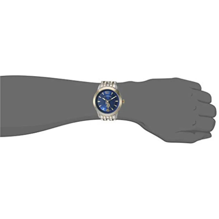 U.S. Polo Assn. Men's Analog Bracelet Watch Blue Dial with Gold-Tone Bezel and Two-Tone Stainless Steel Band Sleek, Durable, an mbzr