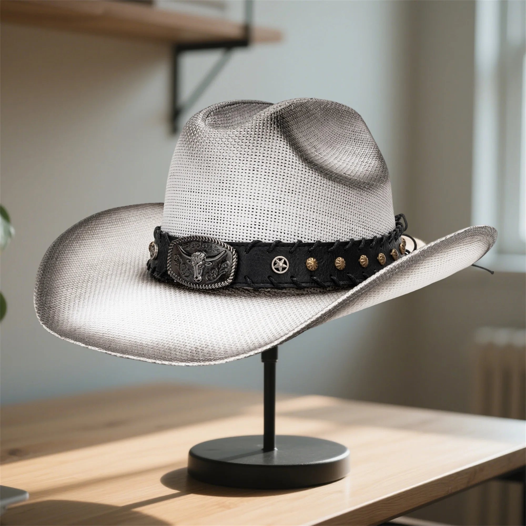 Western Style Straw Cowboy Hat with Cattle Head Design and Belted Sun Protection for Outdoors