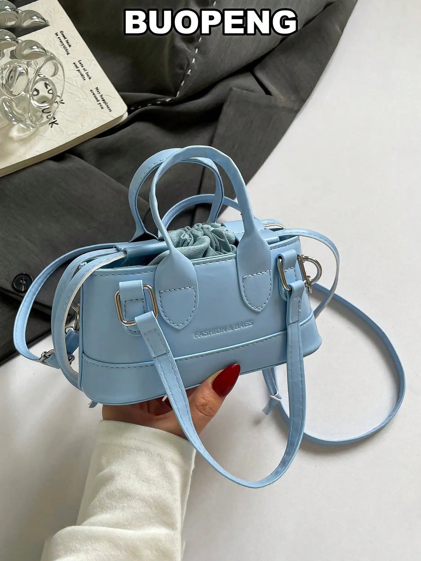 Mini Silver Croc-Embossed Top Handle Bag with Drawstring Closure