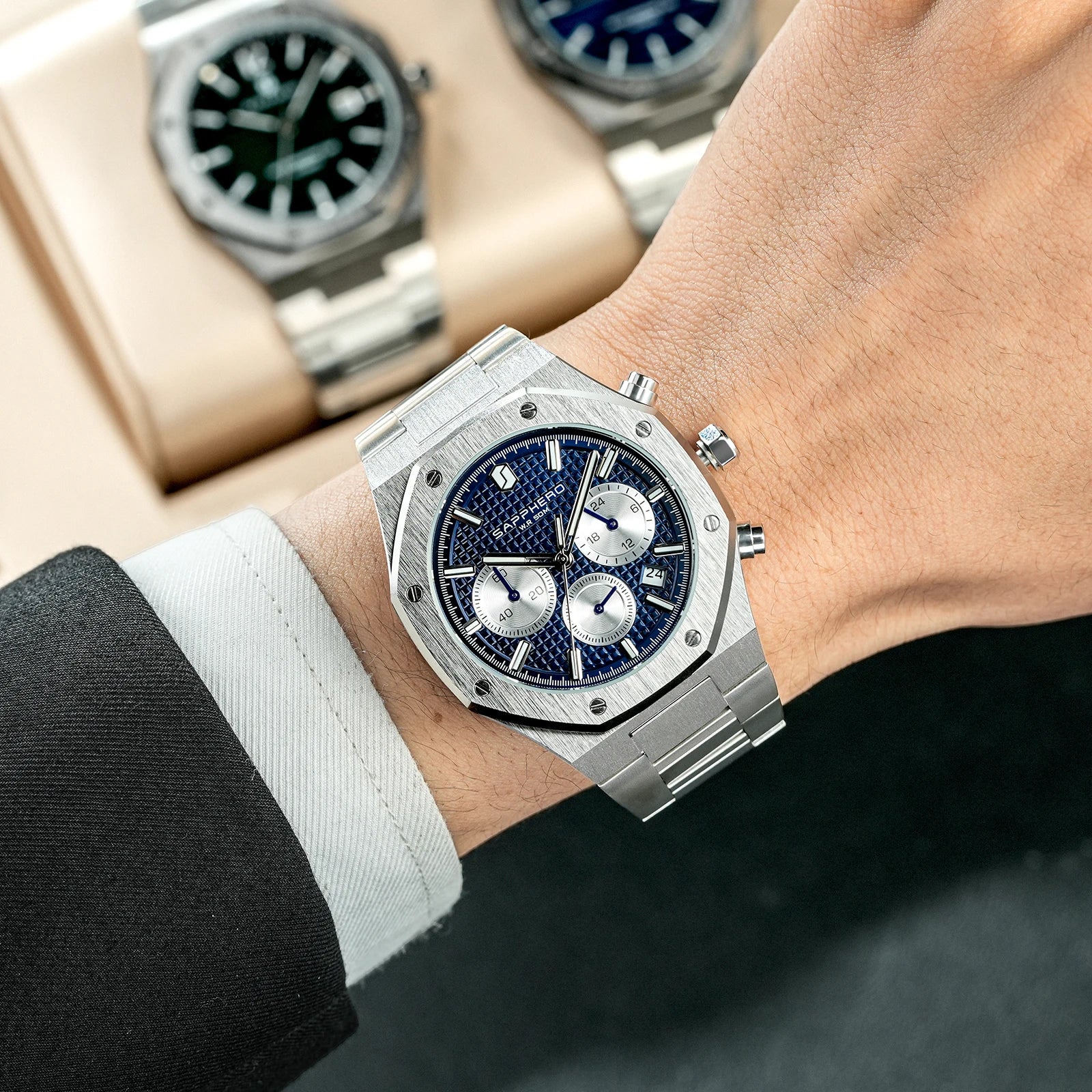 SAPPHERO Men’s Chronograph Quartz Watch 50M Waterproof Stainless Steel Sport Business Luxury Wristwatch Blue Dial