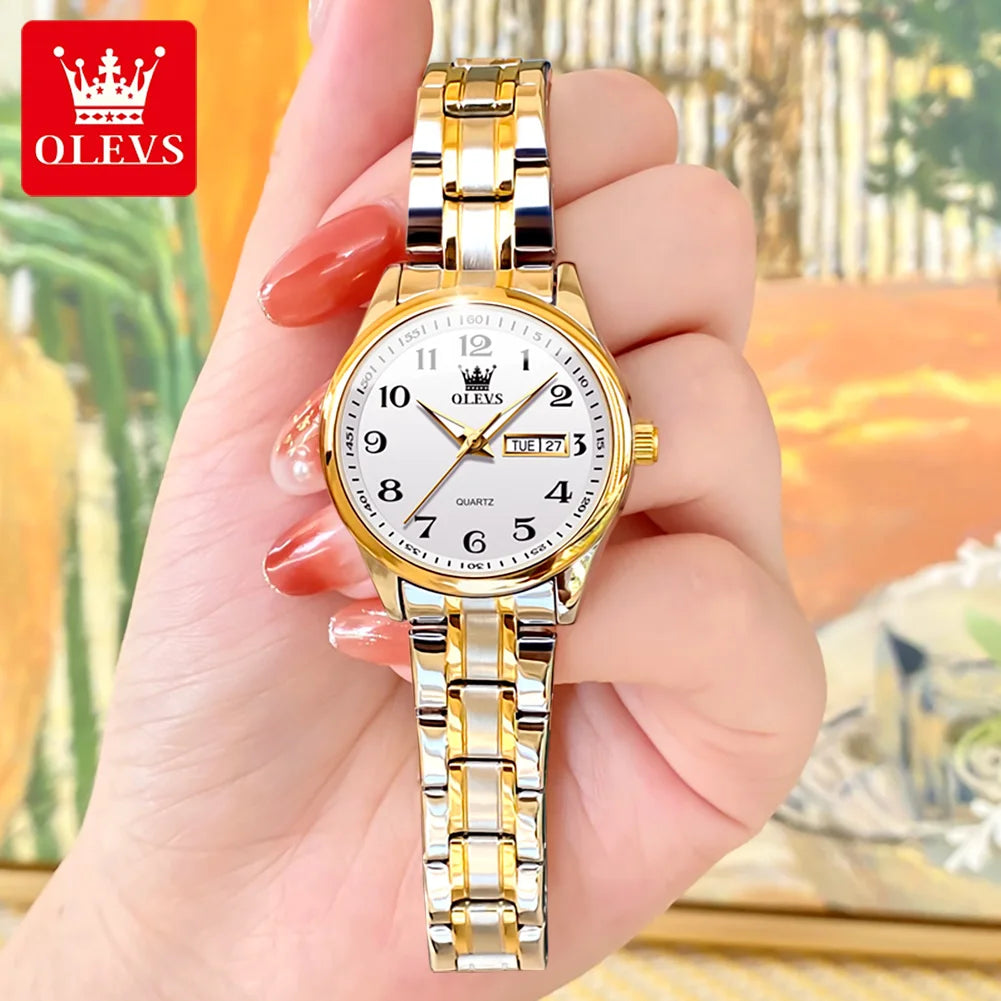 OLEVS 5567 Fashion Original Quartz Movement Women Watch Week Date Display Calendar Window 30m Waterproof Large Numeral Dial HD Luminous Watch