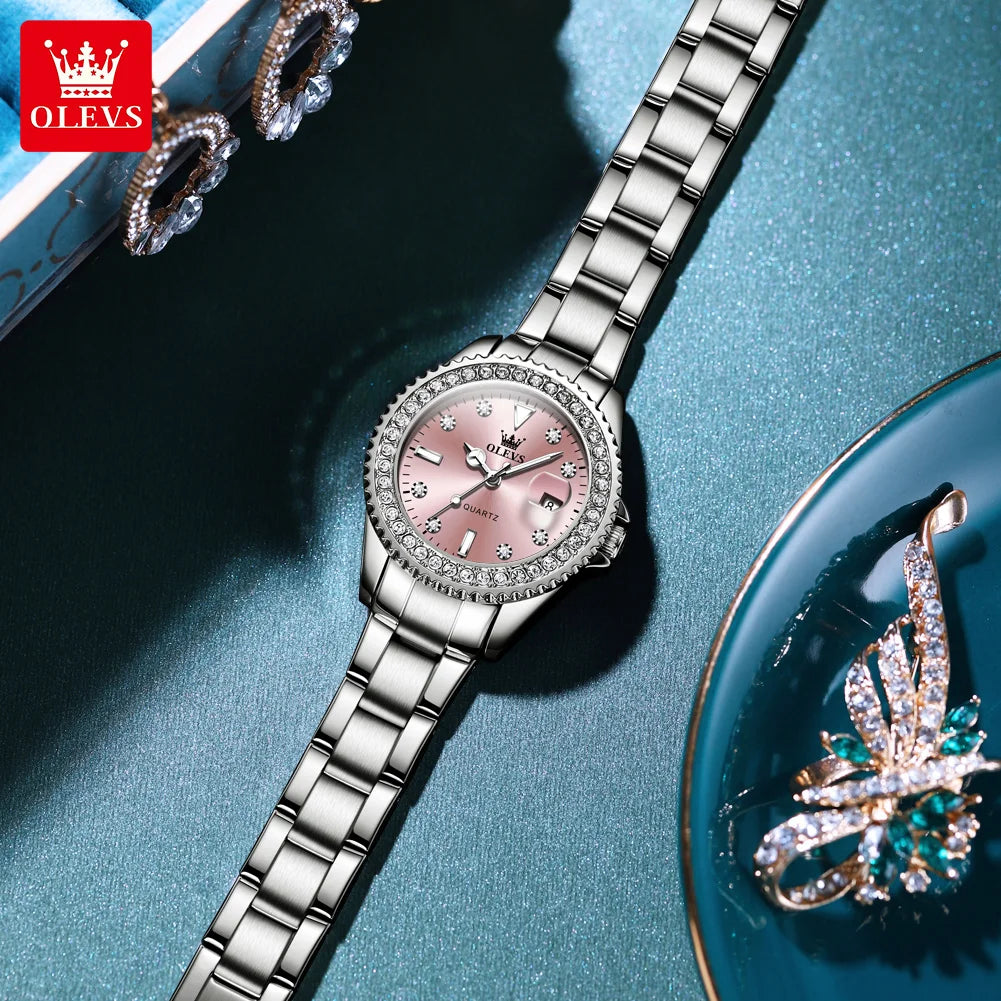 OLEVS 9945 Luxury Women Original Quartz Movement Watch Diamond Scale Stainless Steel Bracelet Luminous Function 30M Waterproof Watch mbzr