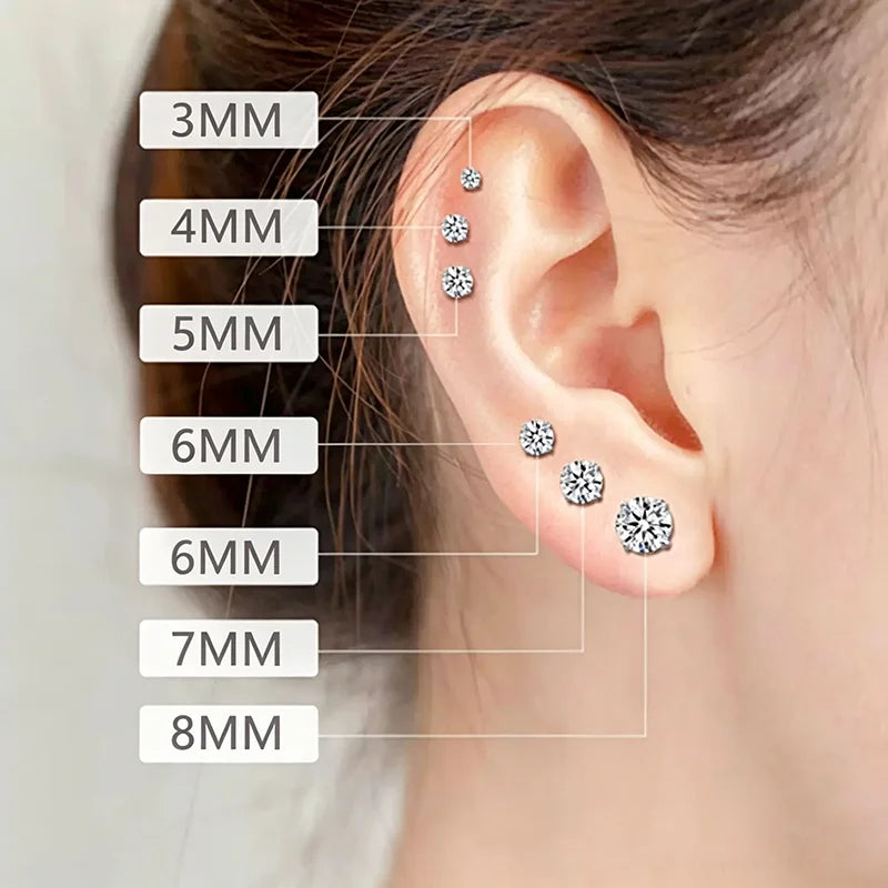 6pairs/set  Mixed Size 3‑8MM Cubic Zirconia Stud Earrings Set 316L Stainless Steel Hypoallergenic Waterproof Earring Gift for Sensitive Ears