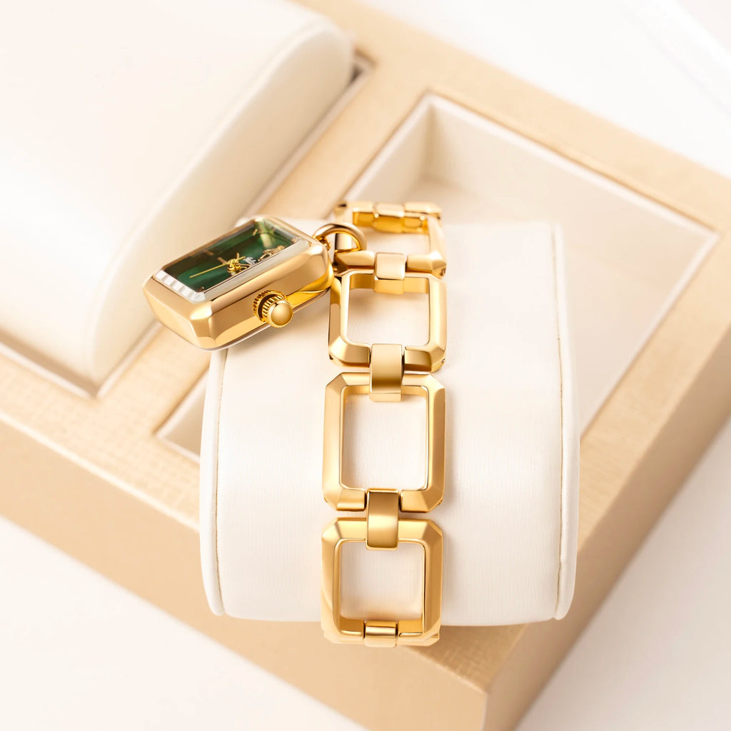 YaLaLuSi Newest Ladies Quartz Watch Ladies Small Watch Gold Case Green Face Luxury Casual Fashion Bracelet