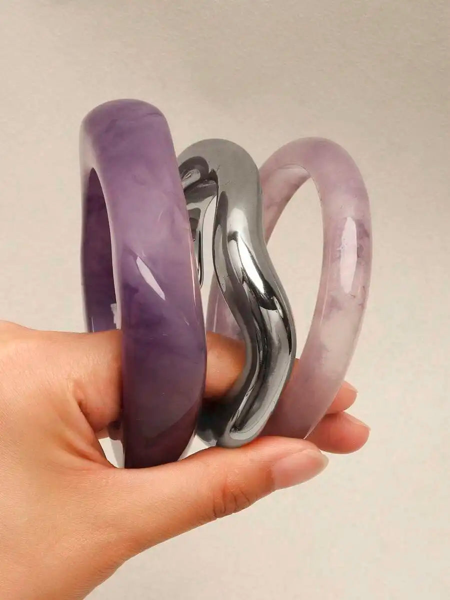 3pcs Retro Artistic Tie Dye Resin Geometric Round Bangle Bracelets For Women