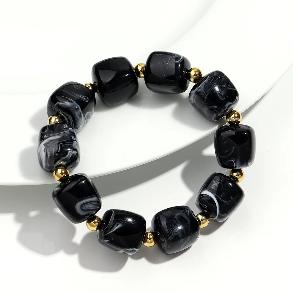 Exaggerated Geometric Beaded Acrylic Elastic Bracelets for Women Men Boho Trendy Square Beads Stack Bangle Retro Jewelry Gift mbzr