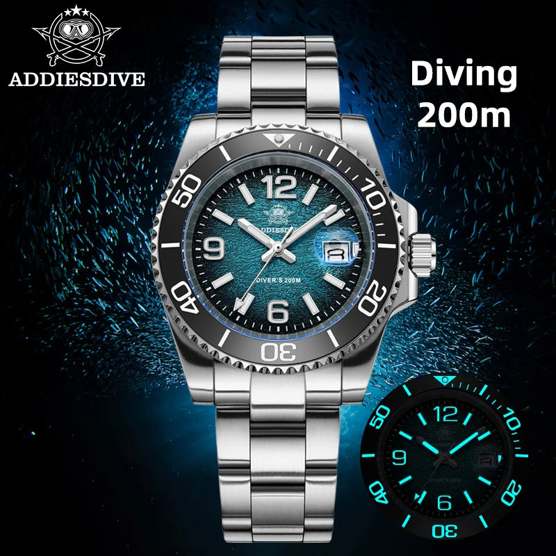ADDIESDIVE 2026 New Outdoor Diving Quartz Watch Men 200M Waterproof BGW9 Luminous Calendar Display Stainless Steel Wristwatches mbzr