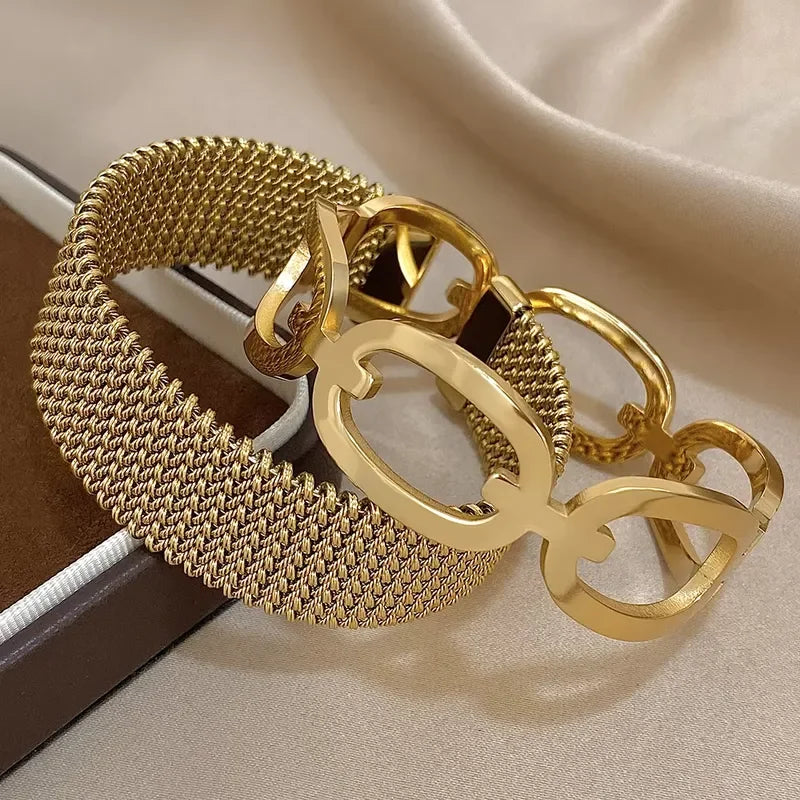 Vintage Y2K Stainless Steel Wide Weave Open Cuff Bangle Bracelet For Women New Hollow Waterproof Stackable Charms Jewelry