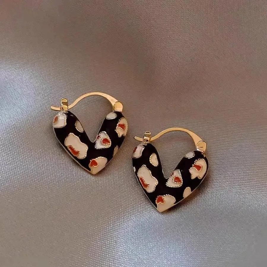 Enamel Heart Hoop Earrings Women Leopard Print Stainless Steel