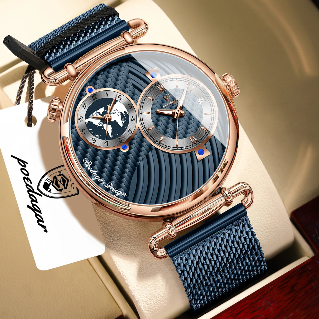 POEDAGAR Original Fashion Man Wristwatch Multiple Time Zone Display Waterproof Calendar Men Watch Mesh Stainless Steel Quartz Business Men's Watches Reloj