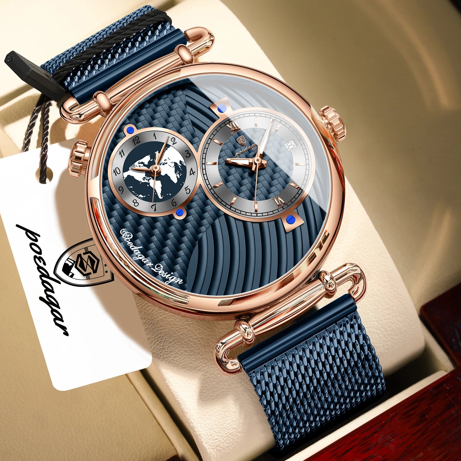 POEDAGAR Original Fashion Man Wristwatch Multiple Time Zone Display Waterproof Calendar Men Watch Mesh Stainless Steel Quartz Business Men's Watches Reloj