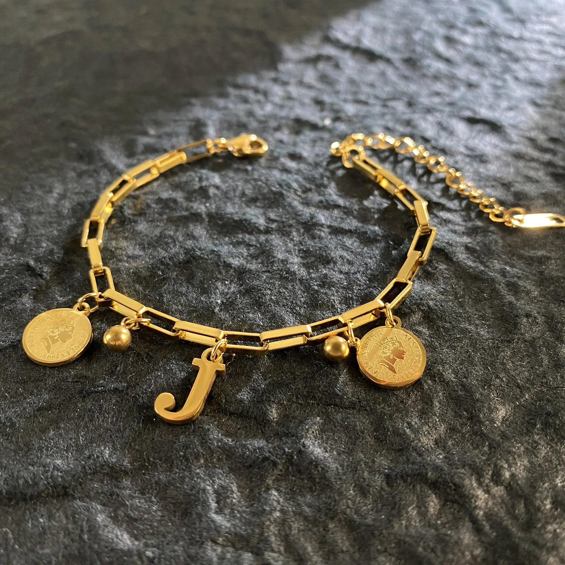 1pc Queen Coin Letter plated Stainless Steel Bracelet for Women Small Bell Pendant Adjustable Bracelet Classic Jewelry Gift