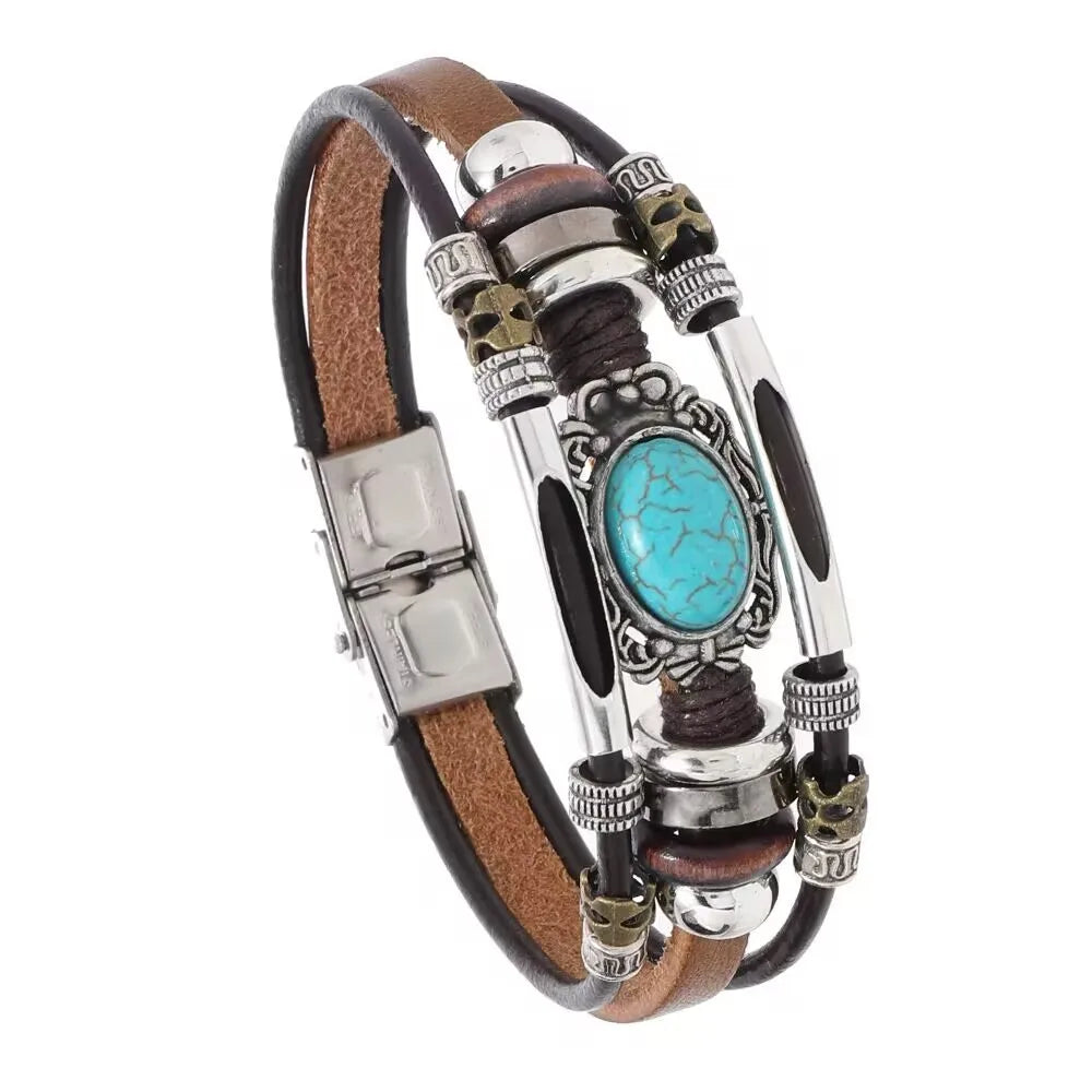 Men Bohemian Bracelet Imitation Turquoise Beaded Leather Durable Stainless Steel Clasp Cuff Hand Jewelry