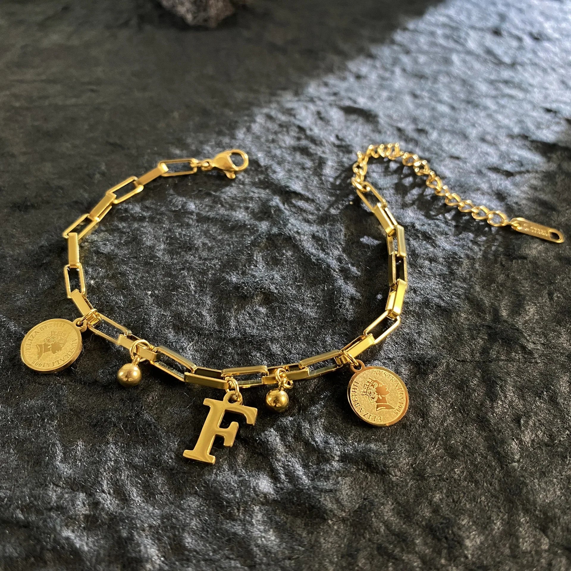 1pc Queen Coin Letter plated Stainless Steel Bracelet for Women Small Bell Pendant Adjustable Bracelet Classic Jewelry Gift