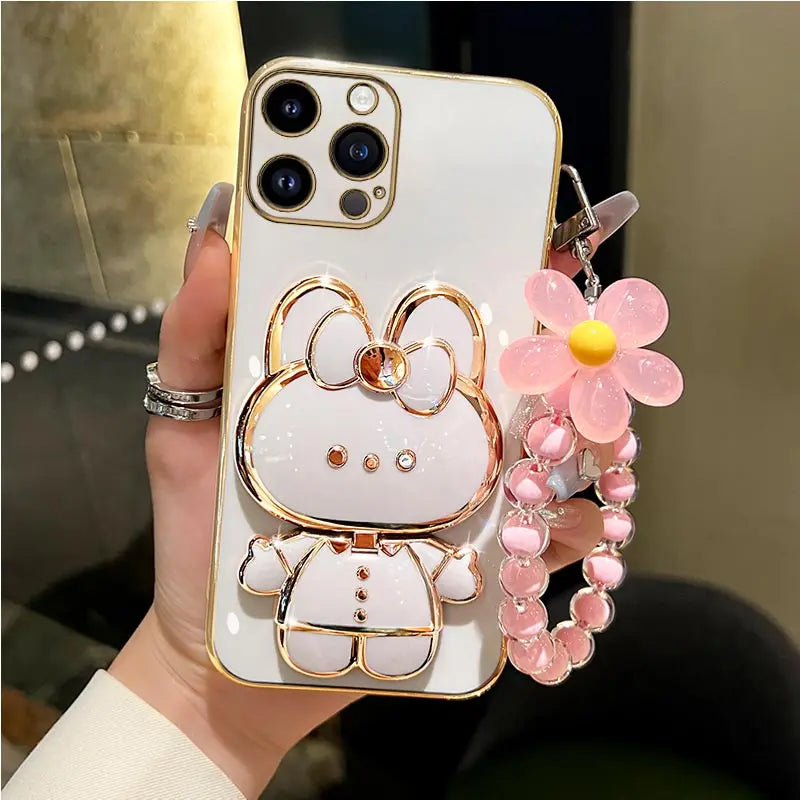 Mirror Rabbit Flower Strap Case For iPhone 14 13 12 11 Pro Max 13Pro 12Pro X XR Xs Max 6 7 8 Plus Stand Cover