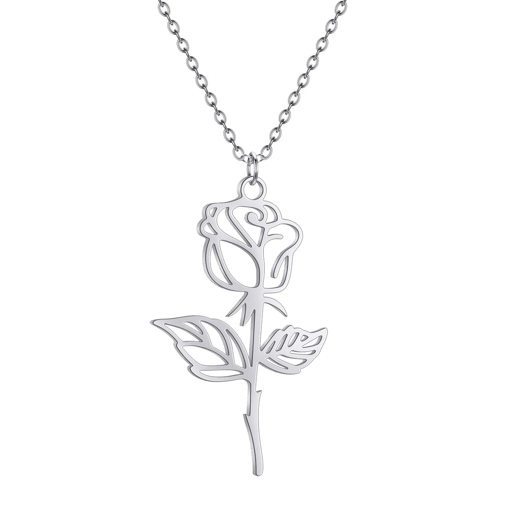 Kinitial Stainless Steel Necklace Flower Charms Chain Rose Flower Pendant Necklaces For Women Female Collares Gifts Para Mujer