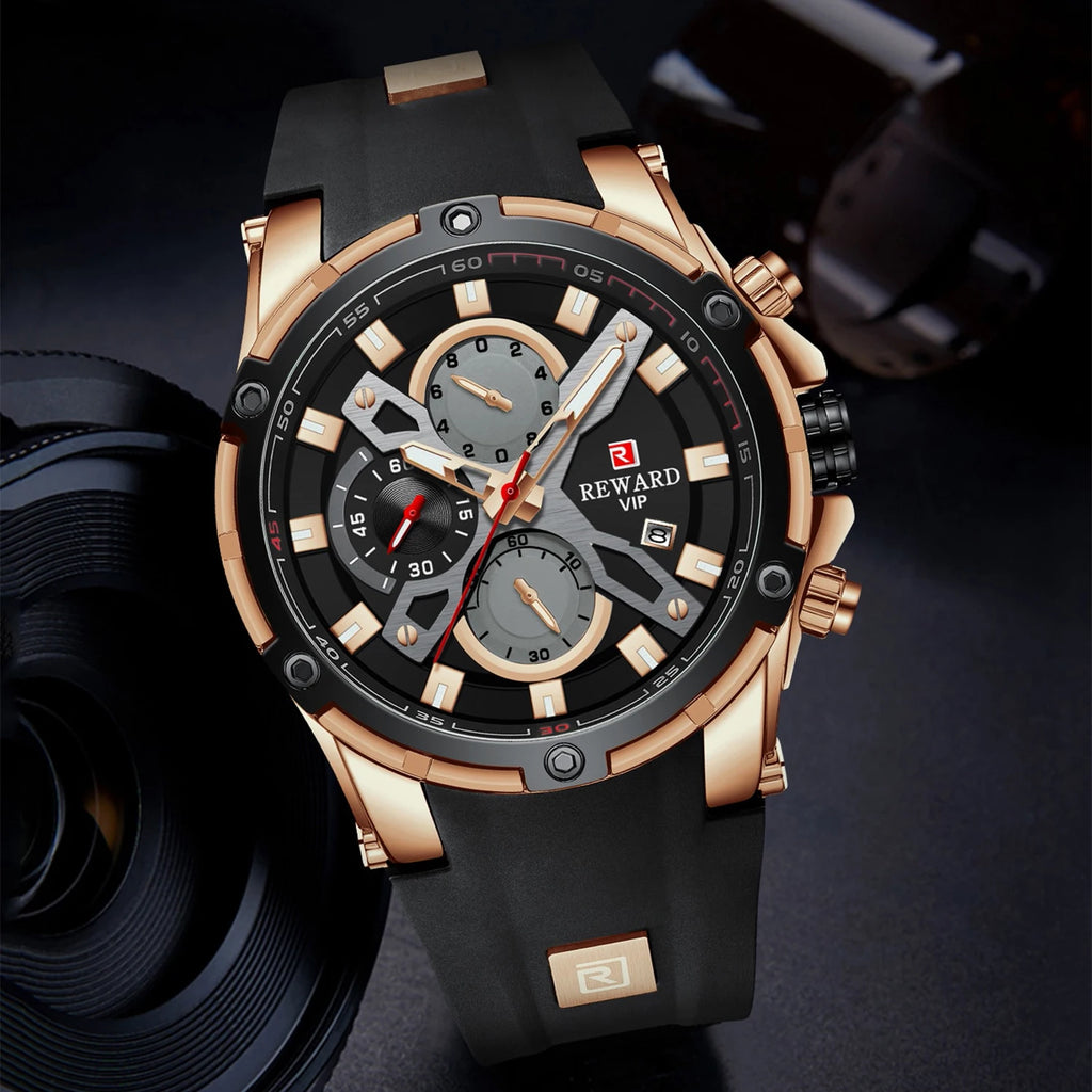 REWARD Luxury Sport Men Quartz Watch Man Wristwatch Chronograph Silicone Strap Waterproof Luminous Hands Date Men's Watches