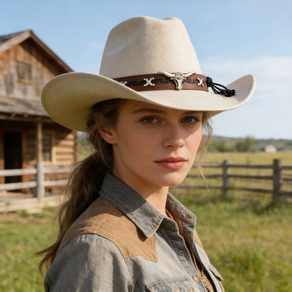Western Style Glitter Cowgirl Hat with Shining Belt and Cow Head Decor for Outdoors