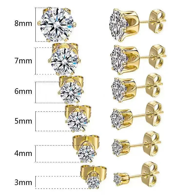 6pairs/set  Mixed Size 3‑8MM Cubic Zirconia Stud Earrings Set 316L Stainless Steel Hypoallergenic Waterproof Earring Gift for Sensitive Ears