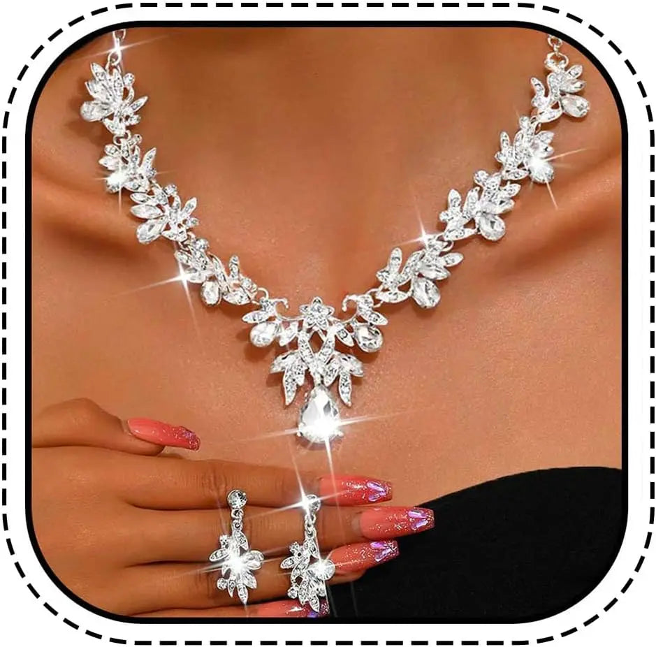 Unicra Rhinestone Bridal Wedding Jewelry Sets Gold Necklace Earrings Set Leaf Prom Formal Costume Jewelry Set for Women and Brides