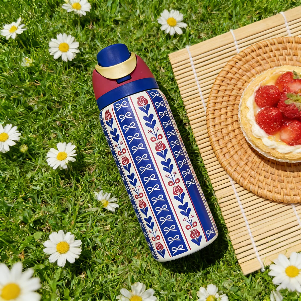 Owalaa blue pattern 32oz/945ml stainless steel insulated water bottle with straw,for daily sports outdoor,perfect gift mbzr