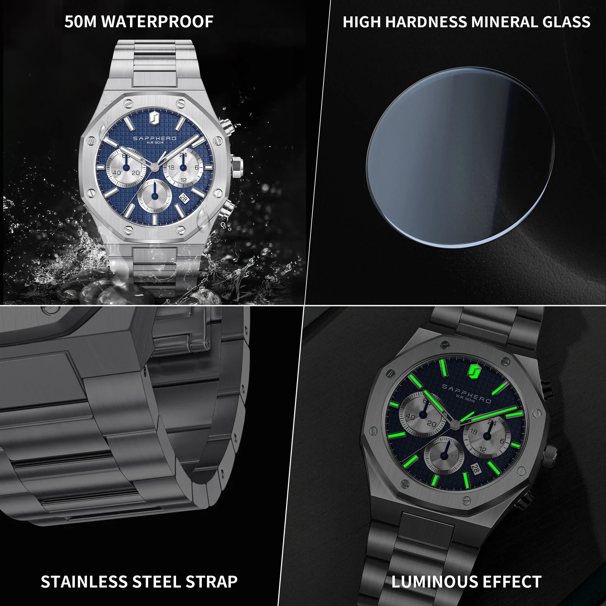 SAPPHERO Men’s Chronograph Quartz Watch 50M Waterproof Stainless Steel Sport Business Luxury Wristwatch Blue Dial
