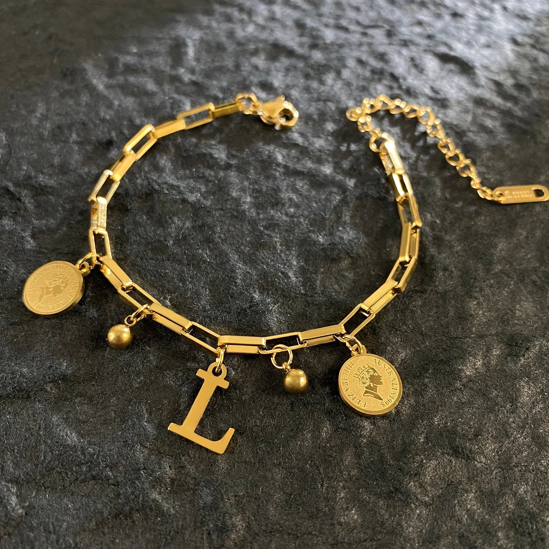 1pc Queen Coin Letter plated Stainless Steel Bracelet for Women Small Bell Pendant Adjustable Bracelet Classic Jewelry Gift
