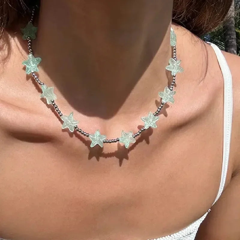 Summer Mint Blue Starfish Beaded Necklace Bracelet Ring Seaside Vacation Jewelry Set For Women And Girls Boho style mbzr