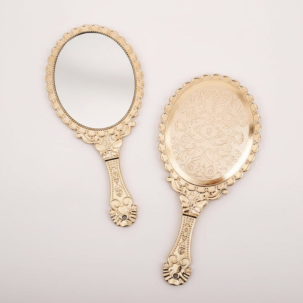 Rose Gold Portable Vintage Makeup Mirror Hand Hold Oval Round Mirror Noble Restore Ancient Ways Court Mirror Beauty Tool mbzr