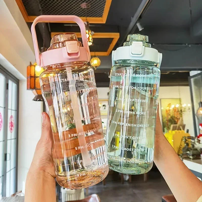 2L Straw Water Bottle Large Capacity Plastic Water Cup Portable Drink Bottle With Time Marker For Outdoor Sports mbzr