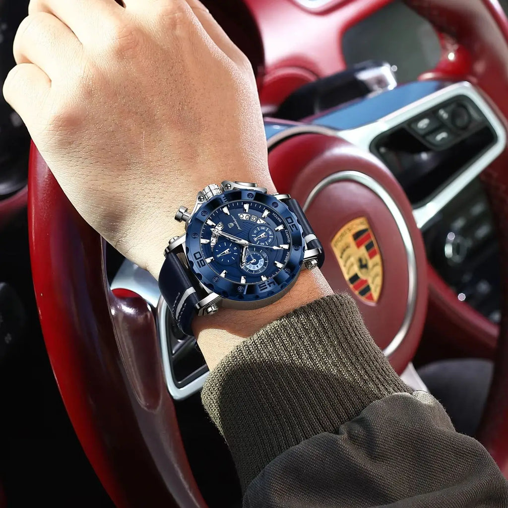 POEDAGAR Original Watches For Man Waterproof Luminous Date Fashion Male Clock Chronograph Leather Quartz Sports Men's Wristwatch Big Dial Male Reloj
