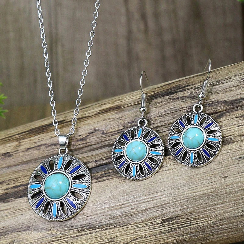 Vintage Bohemian Hollow Round Geometric Necklace Earrings Set for Women Indian Jewelry Ethnic Bule Beads Pendant Jewelry Sets mbzr